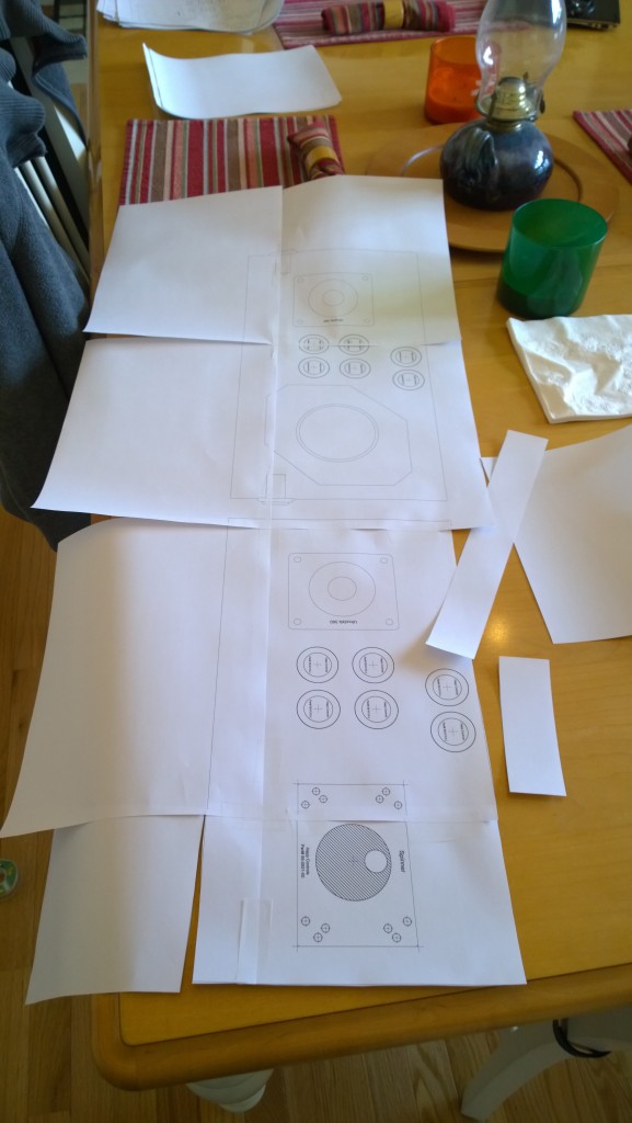 A full-scale printout of the control panels, cut and taped together for testing.